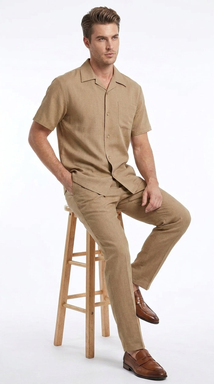 Men’s Tan Short Sleeve Walking Suit Casual Summer Leisure Set 2 Piece Shirt and Pants Outfit