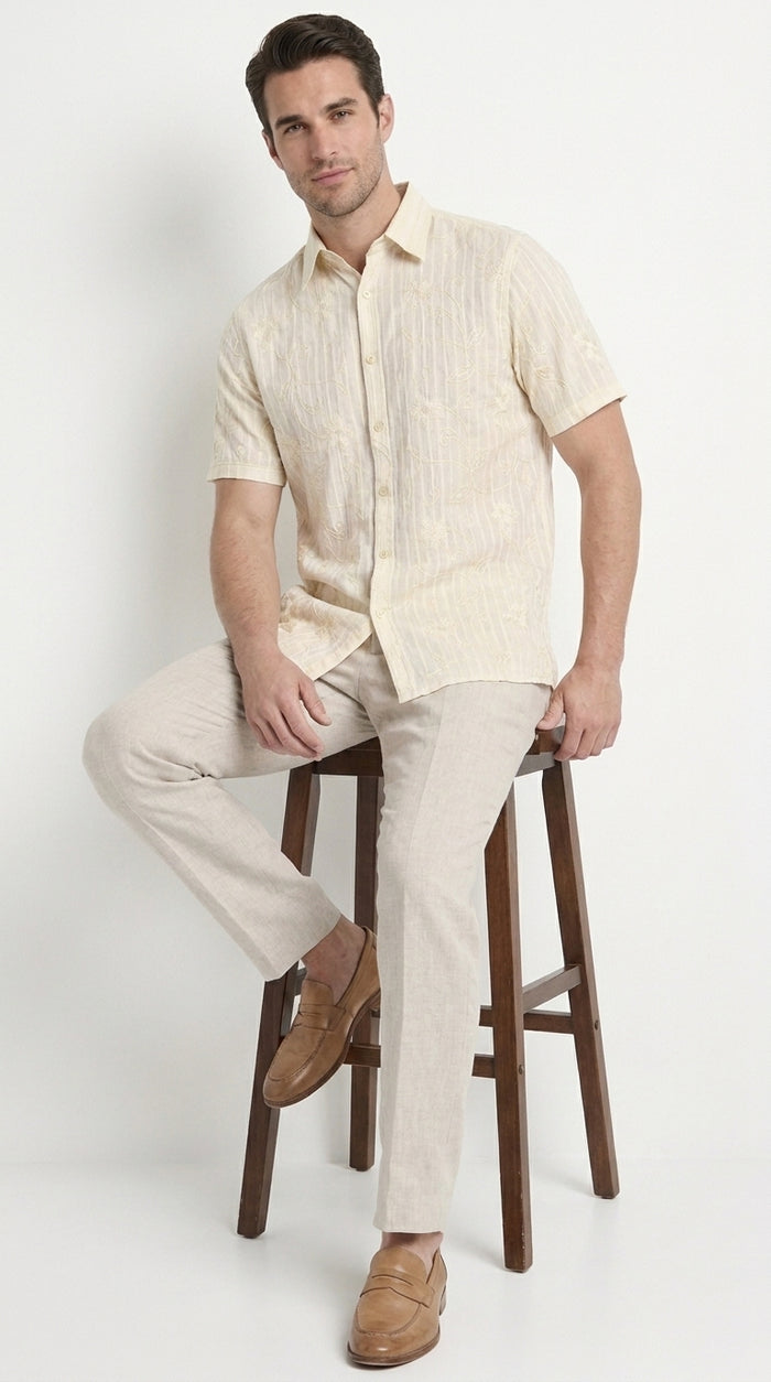 Men’s Cream Abstract Stripe Walking Suit Set, 2 Piece Short Sleeve Casual Summer Outfit