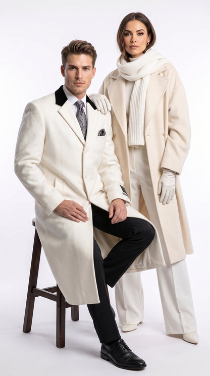 Men's White Cashmere Wool Chesterfield Full-Length Overcoat – Luxury Long Winter Dress Coat with Black Velvet Collar