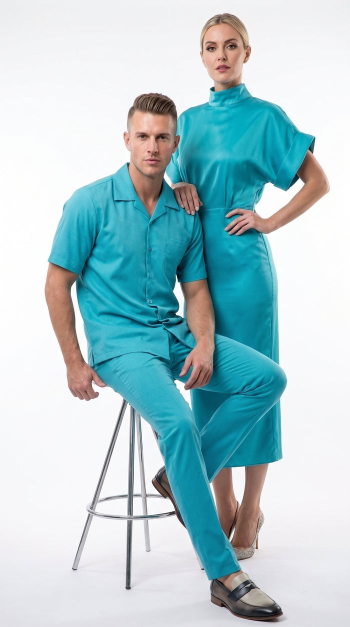 Men’s Turquoise Linen Shirt and Pants Set, Casual Summer Walking Suit Outfit