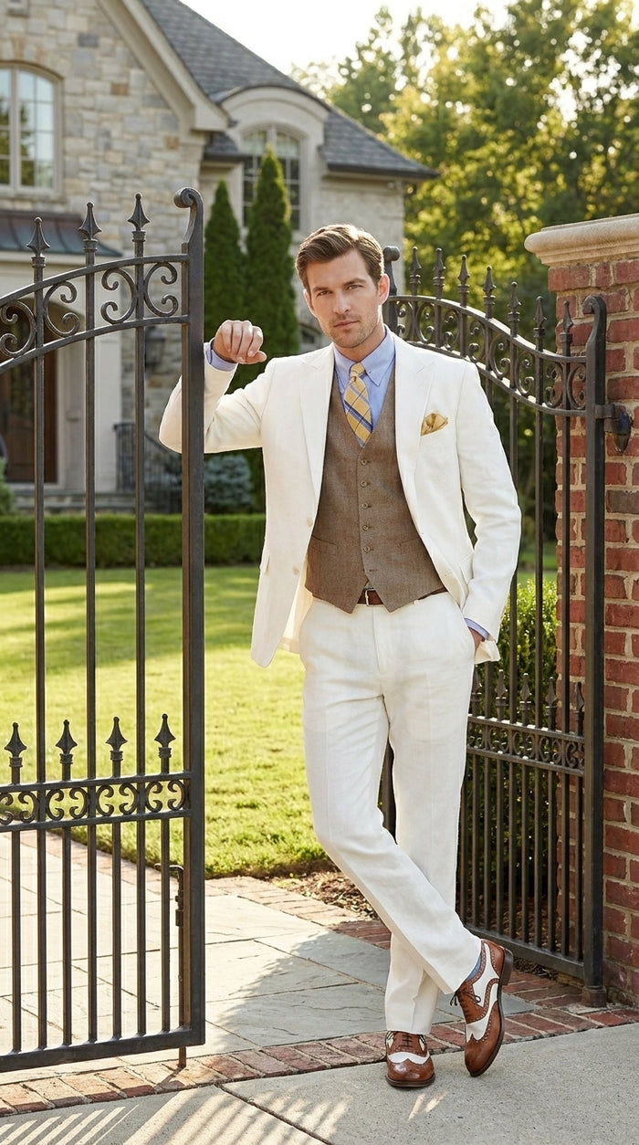 Men’s Ivory Great Gatsby Vested Suit with Brown Vest, Peak Lapel Vintage Wedding Suit