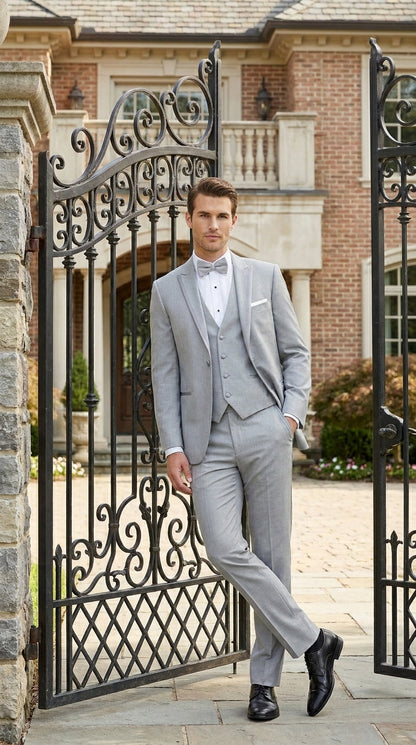 Men’s Light Grey Marseille 1 Button Peak Lapel Tuxedo with Satin Trim, Designer Wedding Suit