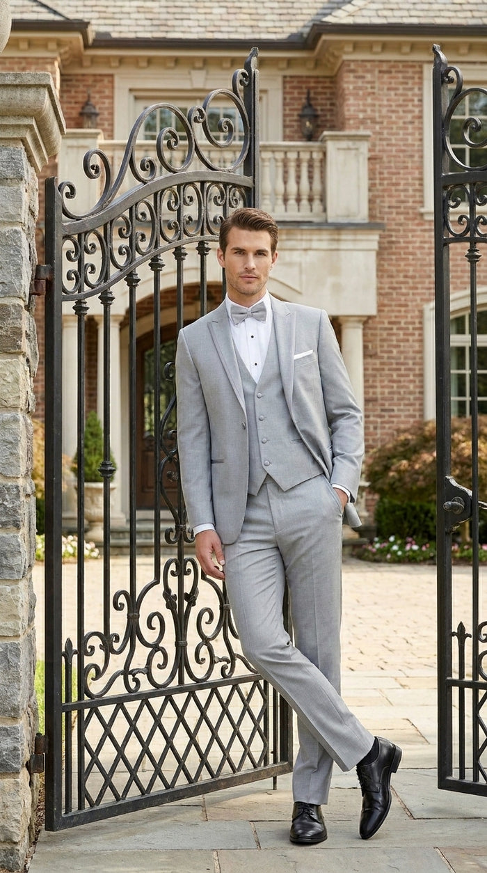 Men’s Light Grey Marseille 1 Button Peak Lapel Tuxedo with Satin Trim, Designer Wedding Suit