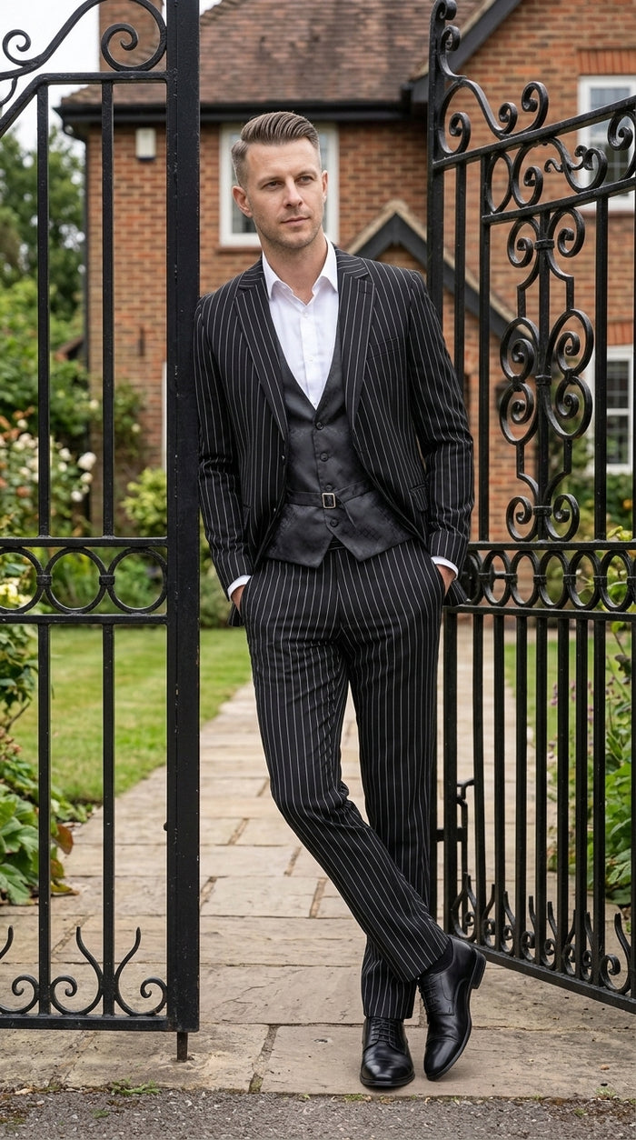 Men’s Black Bold Pinstripe 1920s Suit, Vintage 3 Piece Gangster Suit, Big and Tall Prom Outfit