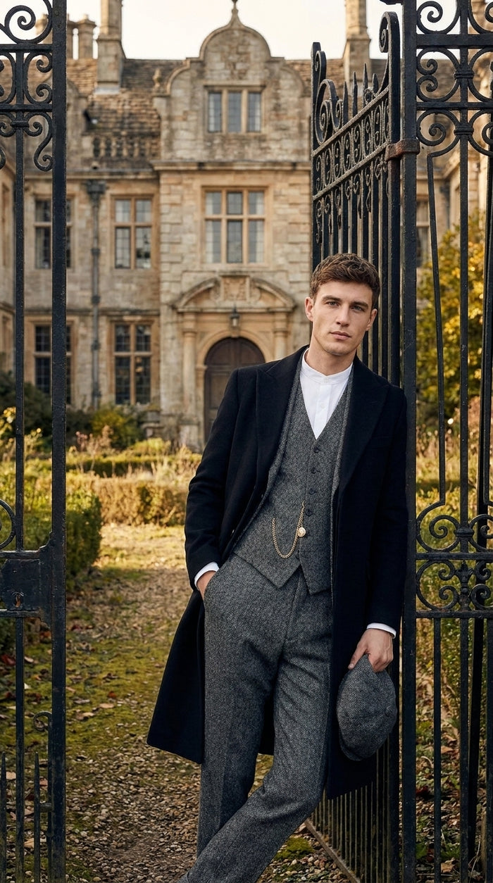 Men’s Grey Peaky Blinders 3 Piece Suit with Black Overcoat and Hat, Thomas Shelby Inspired Costume