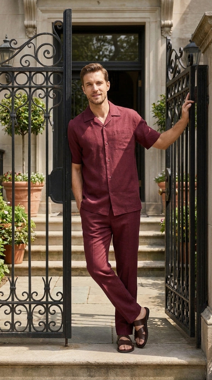Men’s Burgundy Short Sleeve Walking Suit, Casual Summer Shirt and Pants Leisure Set