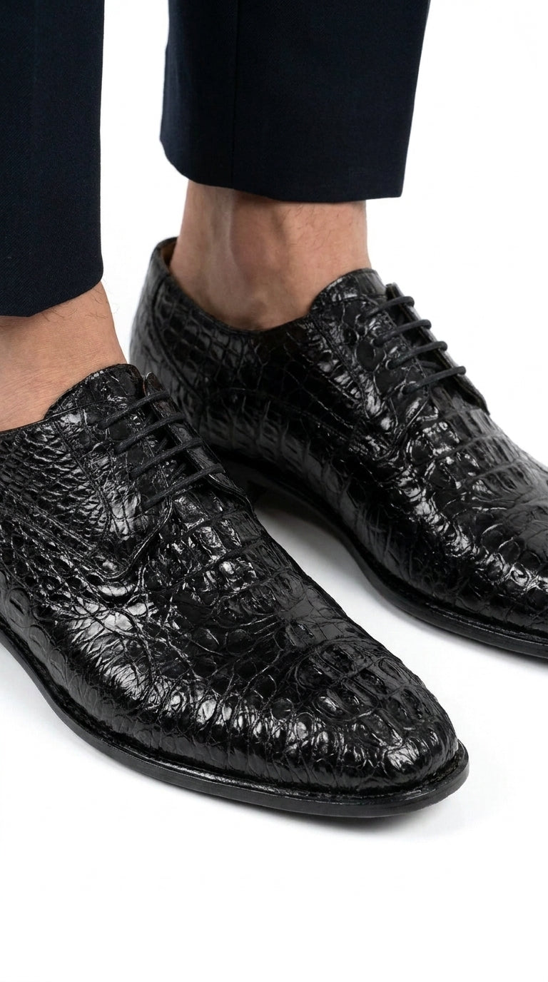 Los Altos Men’s Black Caiman Hornback Plain Toe Shoes, Exotic Lace-Up Formal Dress Shoes