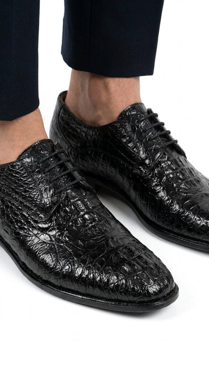 Los Altos Men’s Black Caiman Hornback Plain Toe Shoes, Exotic Lace-Up Formal Dress Shoes