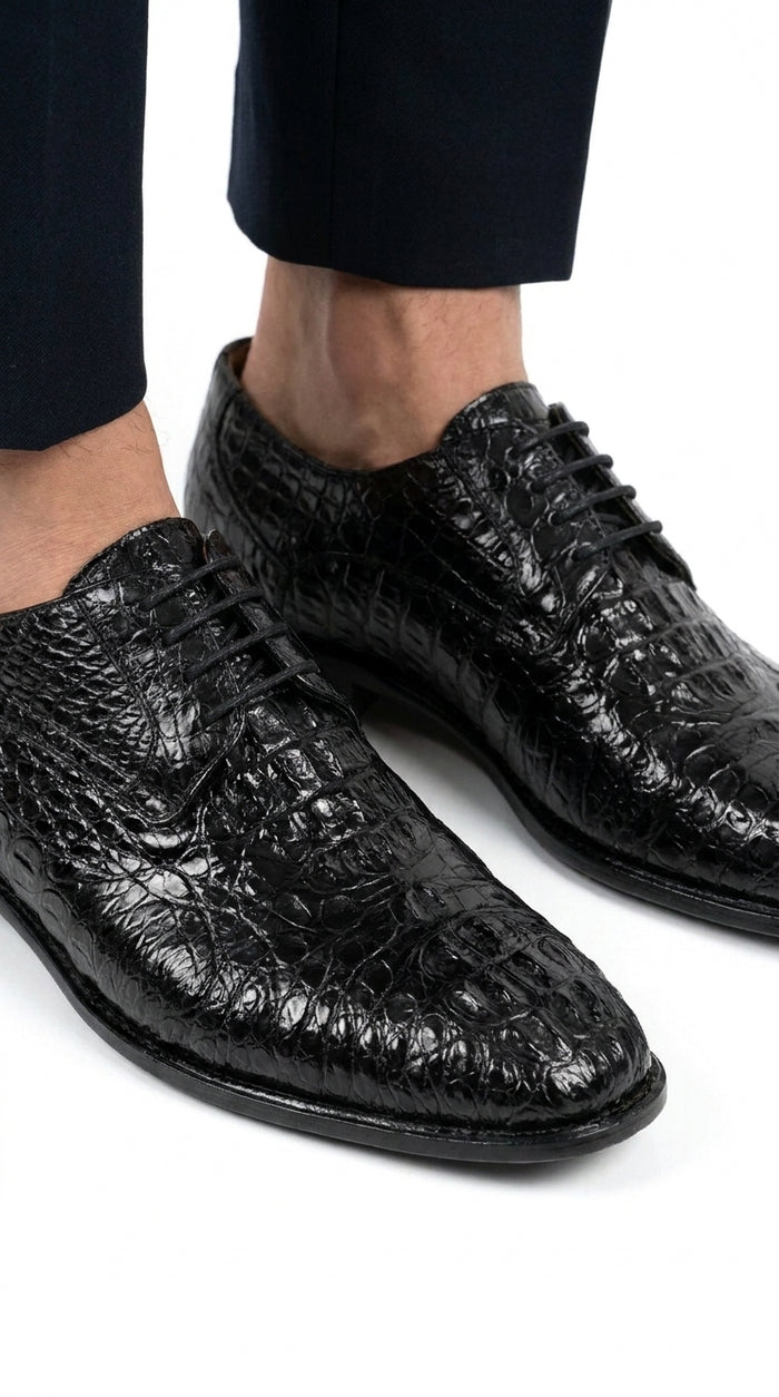 Los Altos Men’s Black Caiman Hornback Plain Toe Shoes, Exotic Lace-Up Formal Dress Shoes