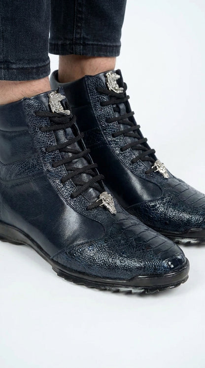 Los Altos Men’s Navy Genuine Ostrich Leg Casual Ankle Boots, Exotic Lace-Up Dress Boots