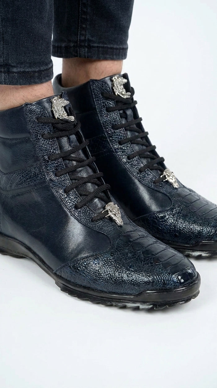 Los Altos Men’s Navy Genuine Ostrich Leg Casual Ankle Boots, Exotic Lace-Up Dress Boots