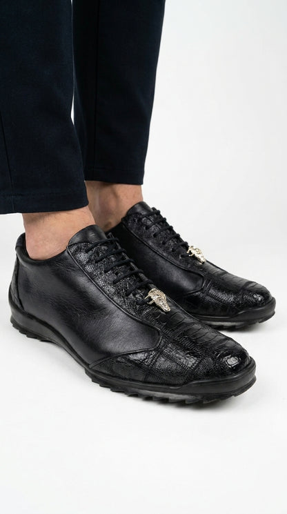 Los Altos Men’s Navy Genuine Ostrich Casual Sneakers, Exotic Lace-Up Dress Shoes
