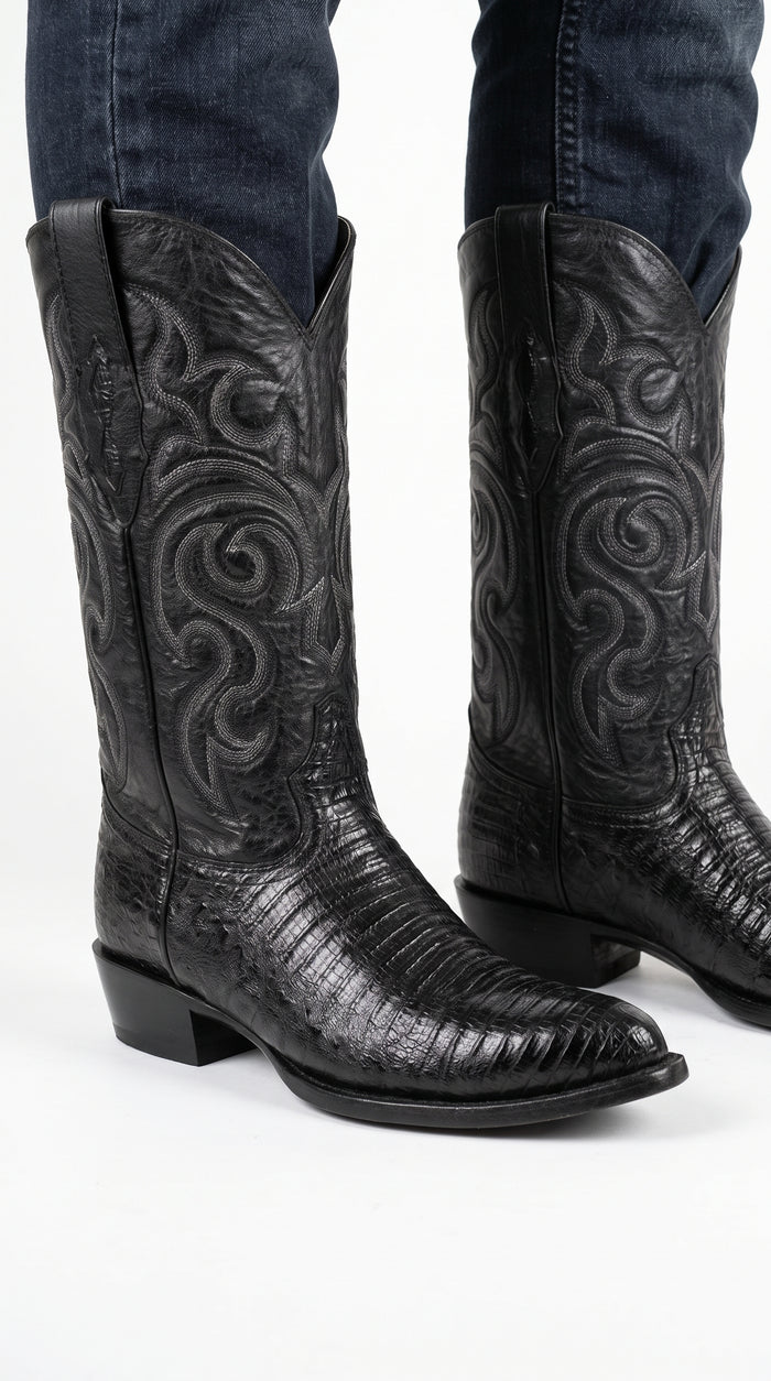 Men’s Black Armadillo Lizard Western Boots, Original Puntal Toe Cowboy Dress Boots