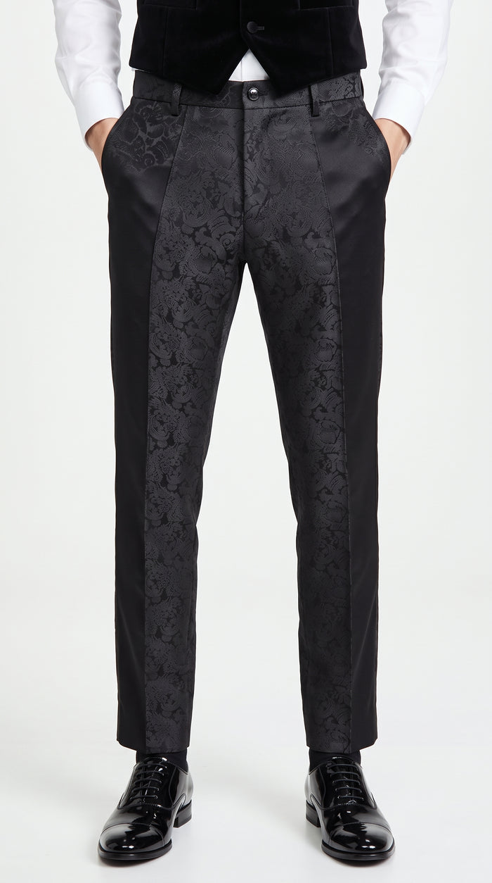 Men’s Black Paisley Dress Pants, Formal Pattern Tuxedo Pants for Weddings Prom and Parties