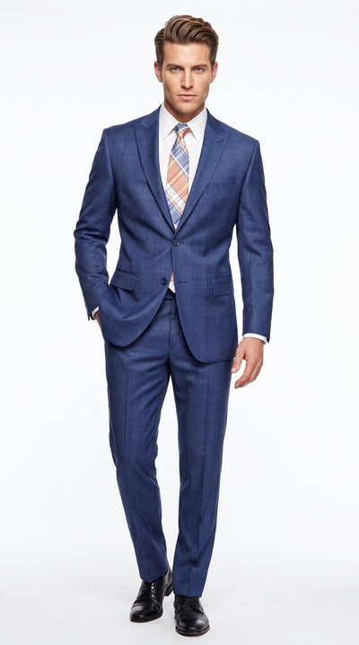 Men’s Blue Plaid 2 Button Suit, Modern Fit Peak Lapel Formal Wedding Business Suit