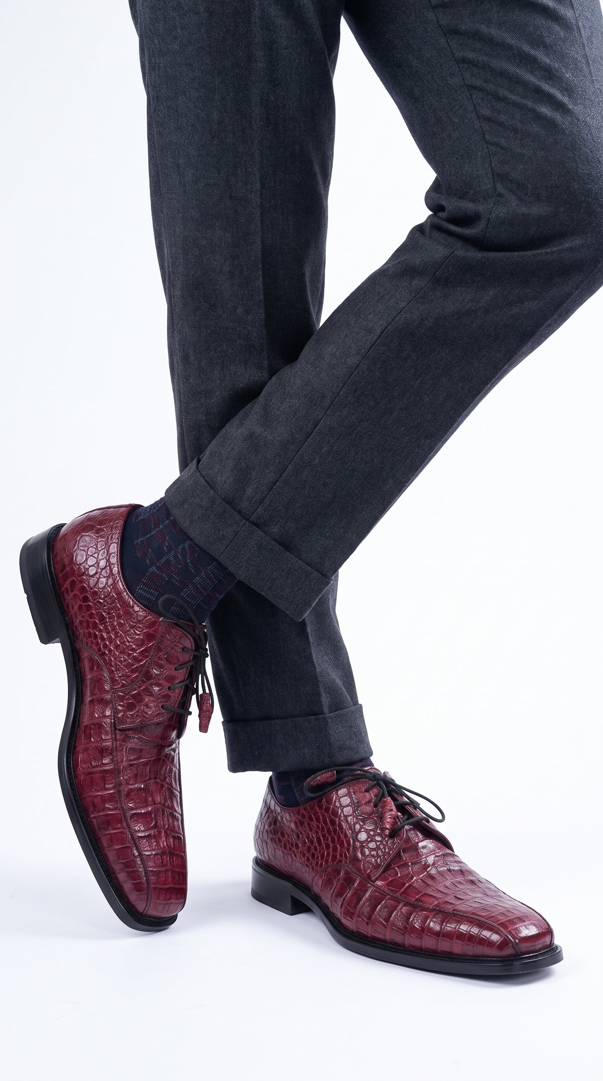 Los Altos Men’s Burgundy Caiman Belly Exotic Leather Shoes – Bicycle Toe Lace-Up Dress Shoes