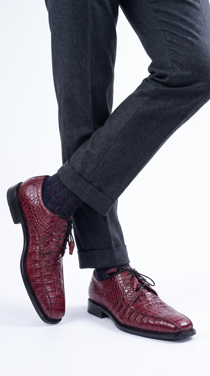 Los Altos Men’s Burgundy Caiman Belly Exotic Leather Shoes – Bicycle Toe Lace-Up Dress Shoes