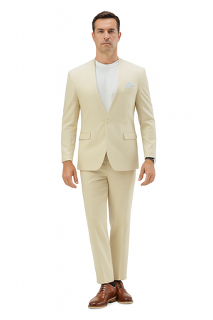 Mens Two Piece Linen Suit Relaxed Hybrid Fit No Collar