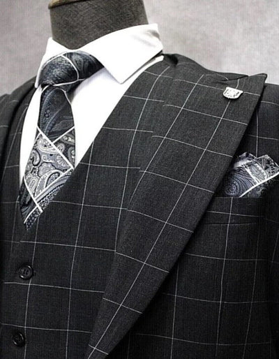 Mens Two Button Peak Lapel Plaid Pattern Suit Charcoal ~ White 4   - from alligatorwarehouse.com