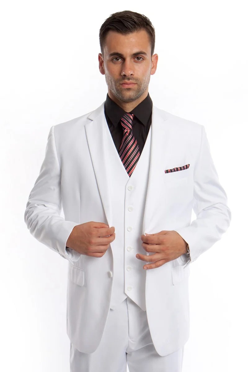 Men's Vested Two Button Solid Color Wedding  Business Suit in White