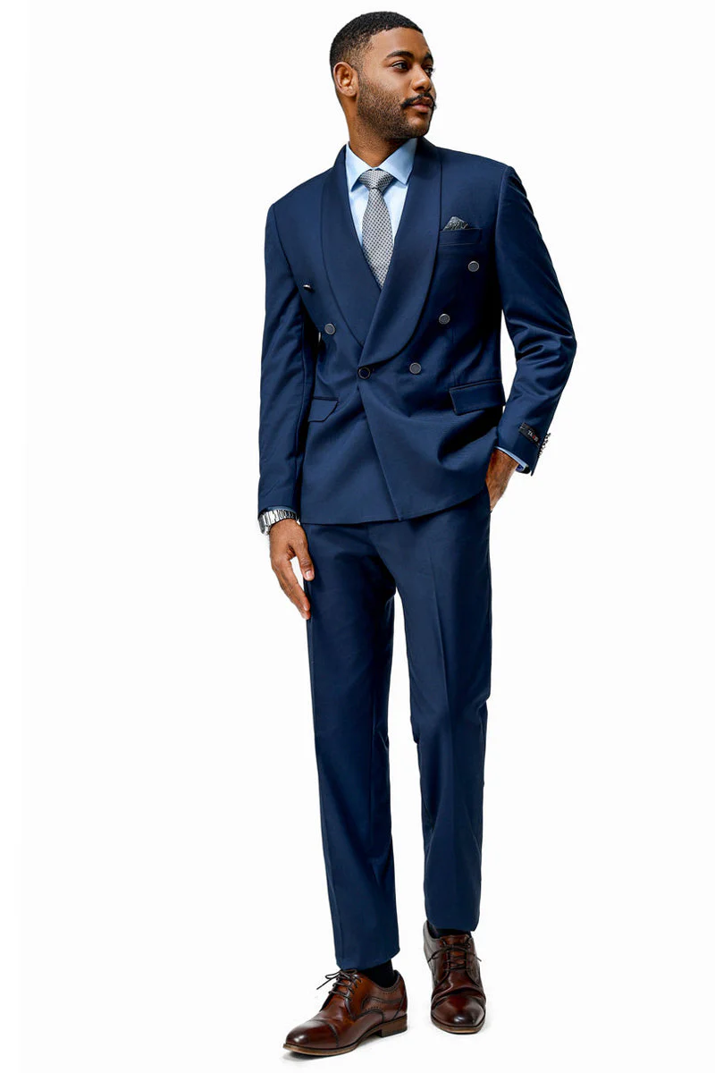 Stylish 2-Piece Dark Navy Jacquard Shawl Lapel Men's Homecoming Suit main image 1