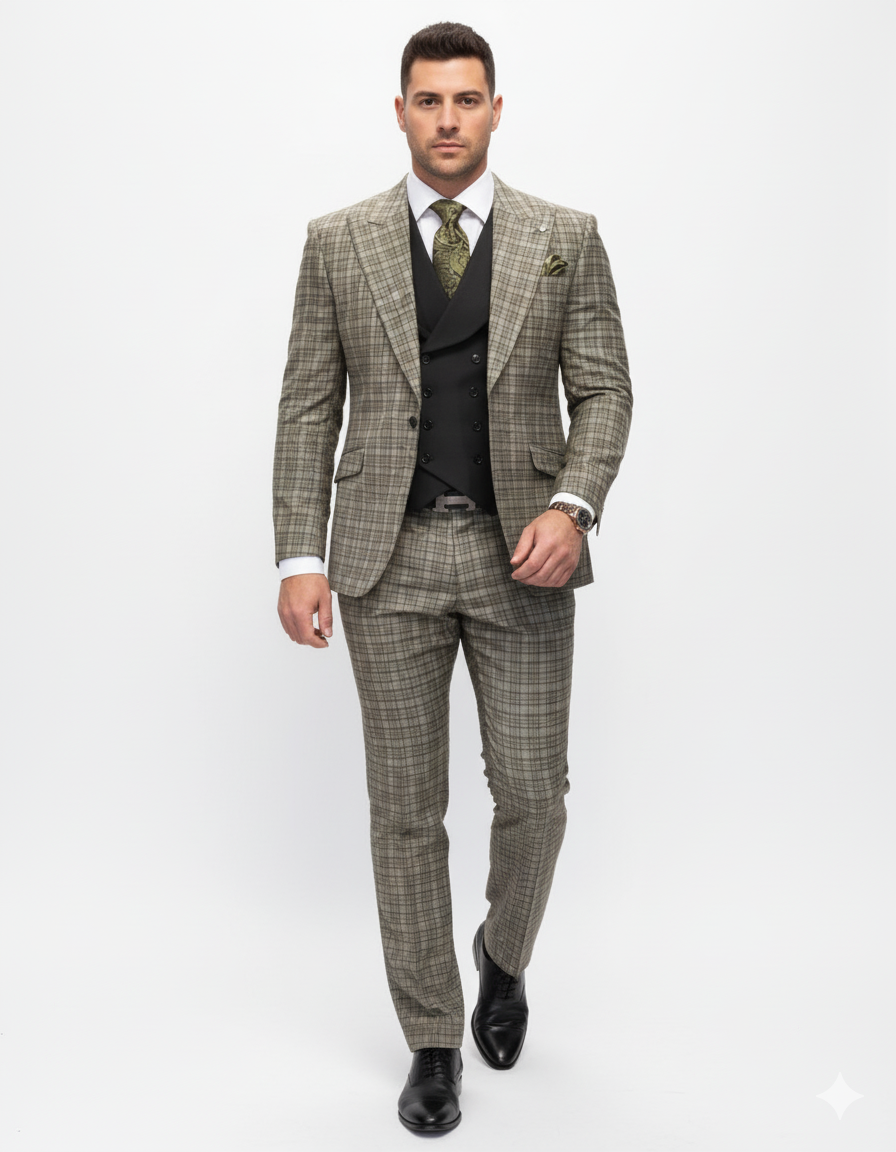 Statement Suits - Wool Suits - Peak Lapel Suits - Ticket Pocket - Modern Fit - Olive Suit