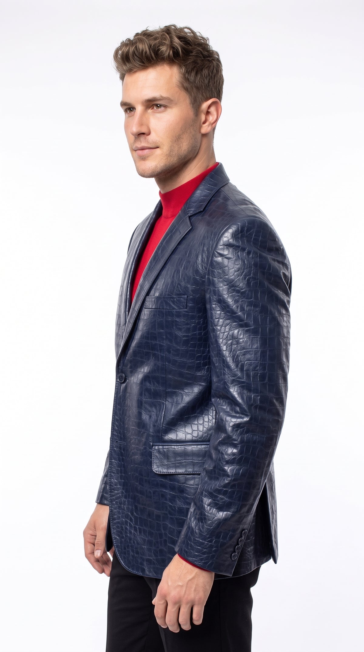 Zacchi Men’s Black Alligator Leatherette Jacket, Mickey Crocodile Print 2 Button Blazer