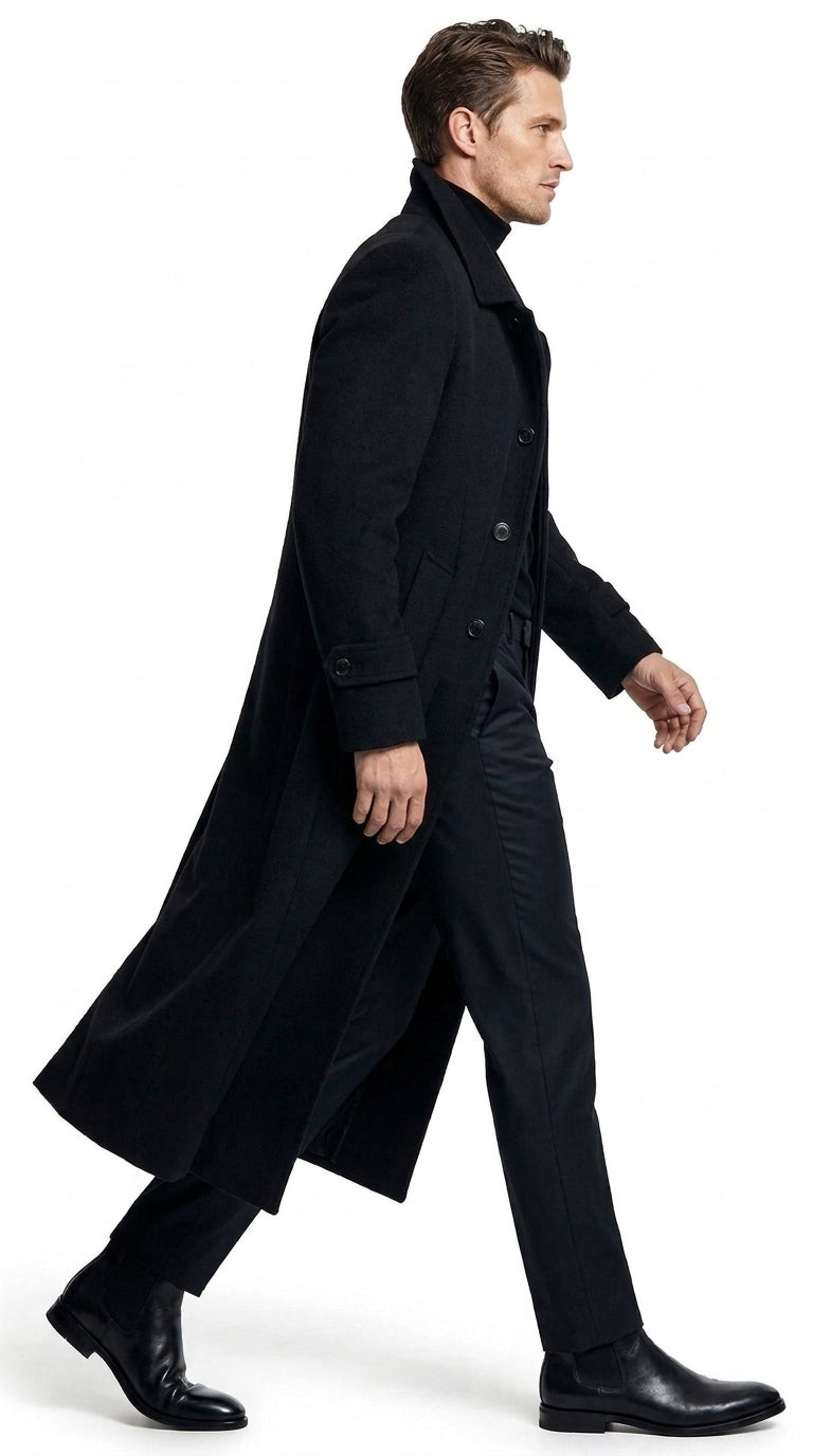 Men's Black Full-Length Duster Maxi Coat – Classic 4-Button Long Overcoat, Gothic Trench Coat & Winter Formal Outerwear