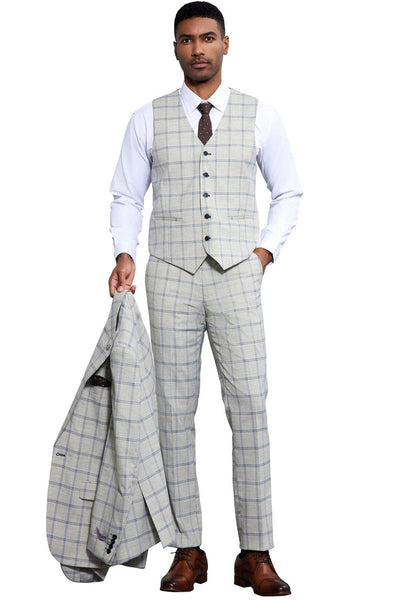 Men's Stacy Adams One Button Peak Lapel Vested Windowpane Plaid Suit in Grey & Blue 5 SM171H1-101-38R  - from alligatorwarehouse.com