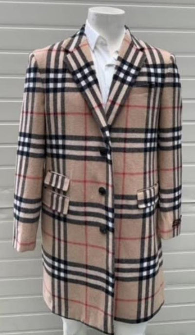Mens Plaid Overcoat - Checkered Carcoat - 100% Wool Three Quarter Multi-color Peacoat 1   - from alligatorwarehouse.com