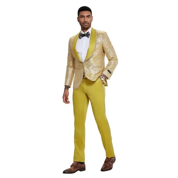 2026 Prom Special Mustard Paisley 2pc Mens Suit by Tazzio