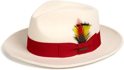 Gangster 100% Austrailian Wool Crushable Mens Fedora Hat - Removable Feather Gangster White and Red Mens Fedora Hat 1   - from alligatorwarehouse.com