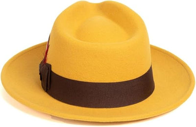 Gangster 100% Austrailian Wool Crushable Mens Fedora Hat - Removable Feather Gangster Mustard Mens Fedora Hat 2   - from alligatorwarehouse.com