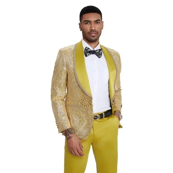 2024 Prom Special Mustard Paisley 2pc Mens Suit by Tazzio