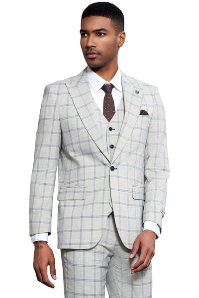 Men's Stacy Adams One Button Peak Lapel Vested Windowpane Plaid Suit in Grey & Blue 1 SM171H1-101-38R  - from alligatorwarehouse.com