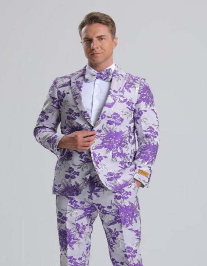 Men's Purple, White & Silver Floral Paisley Prom Tuxedo Lavender Prom Tuxedos Floral Prom Tuxedos