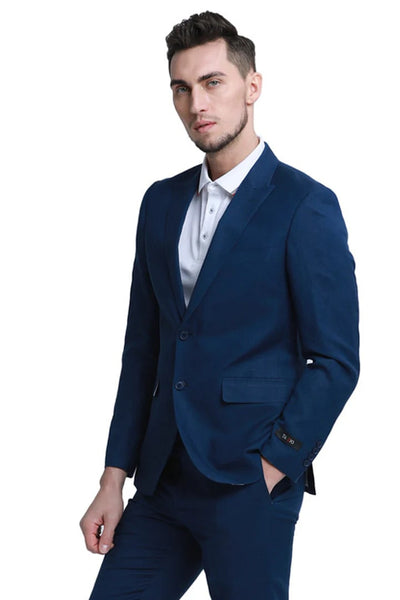 Men's Two Button Peak Lapel Summer Linen Style Beach Wedding Suit in Navy Blue 1   - from alligatorwarehouse.com