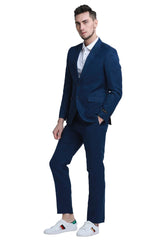 Men's Two Button Peak Lapel Summer Linen Style Beach Wedding Suit in Navy Blue