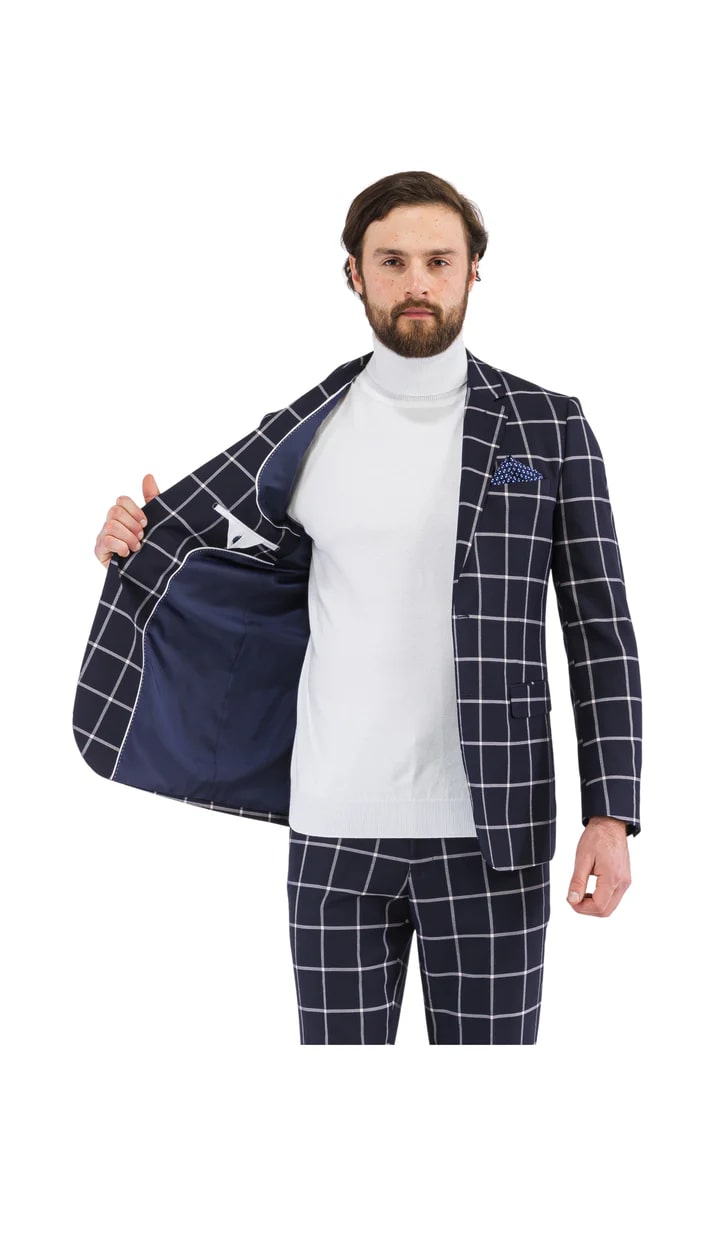 Harvy Mens Fit Navy Check Plaid Suit