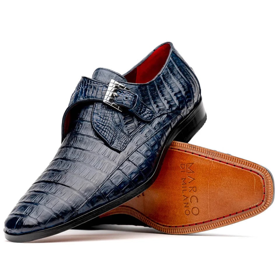 Marco Di Milano Rovigo Men's Shoes Navy Exotic Crocodile Skin Single Monk-strap Loafers