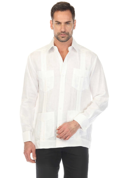 Men's White 100% Linen Four-Pocket Guayabera Shirt – Long Sleeve
