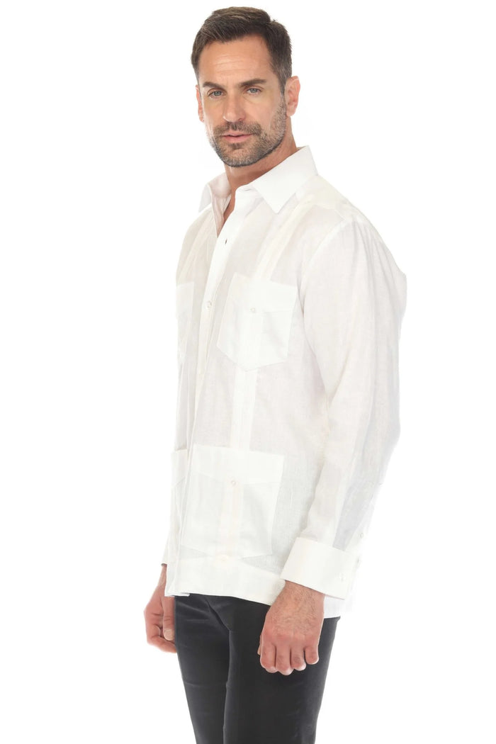 Men's White 100% Linen Four-Pocket Guayabera Shirt – Long Sleeve
