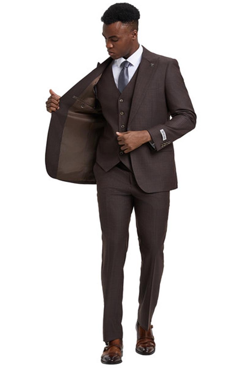 Men's Stacy Adams Vested One Button Wide Peak Lapel Windowpane Plaid Suit in Brown