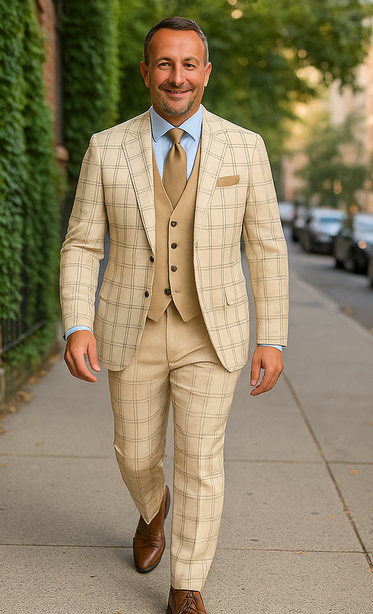 Wool Suit - Italian Made Business Suit by Statement Men's 3 Piece 100% Wool Modern Fit Suit - Accented Scoop Vest
