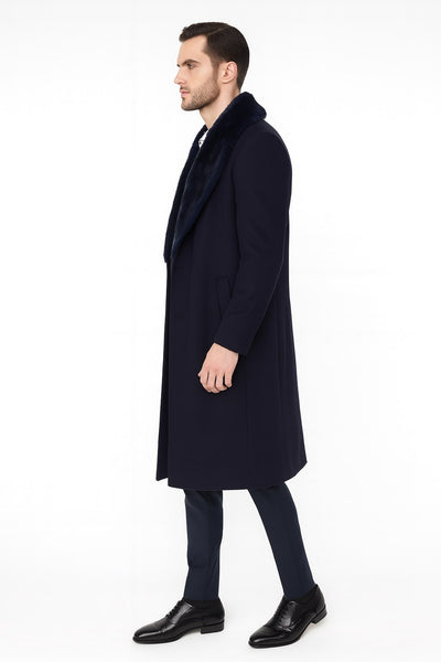 Mens Navy Blue Overcoat with Faux Fur Collar – Luxury Long Winter Coat for Formal and Casual Wear Topcoat 2   - from alligatorwarehouse.com