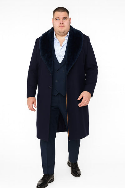 Mens Navy Blue Overcoat with Faux Fur Collar – Luxury Long Winter Coat for Formal and Casual Wear Topcoat 3   - from alligatorwarehouse.com