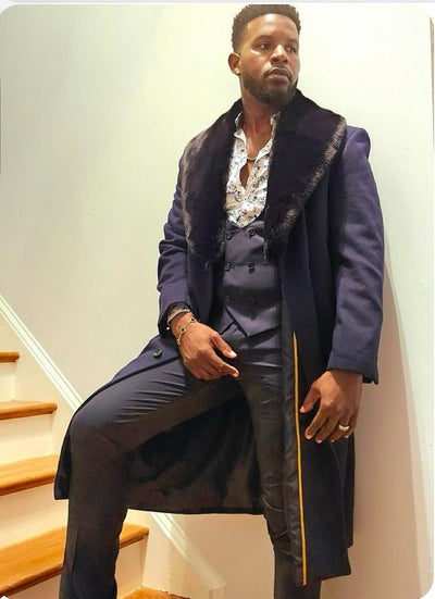 Mens Navy Blue Overcoat with Faux Fur Collar – Luxury Long Winter Coat for Formal and Casual Wear Topcoat 5   - from alligatorwarehouse.com