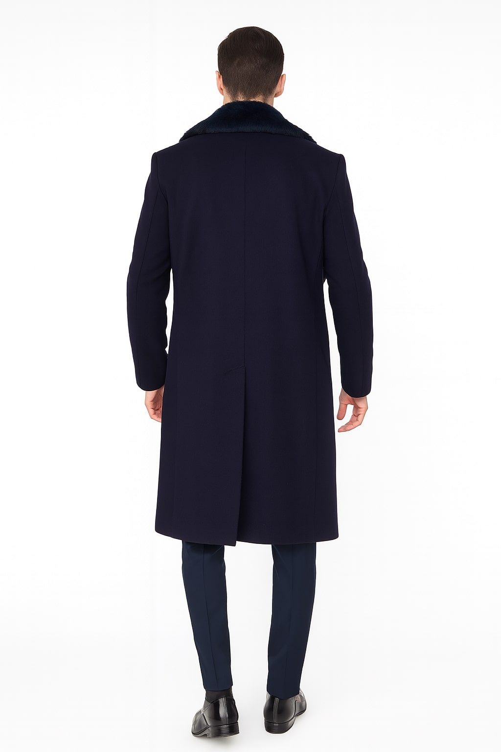 Mens Navy Blue Overcoat with Faux Fur Collar – Luxury Long Winter Coat for Formal and Casual Wear Topcoat