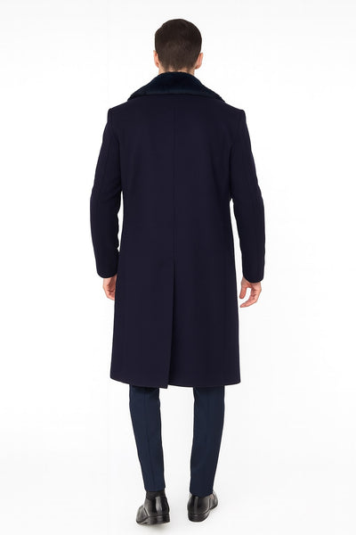Mens Navy Blue Overcoat with Faux Fur Collar – Luxury Long Winter Coat for Formal and Casual Wear Topcoat 4   - from alligatorwarehouse.com