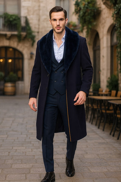 Mens Navy Blue Overcoat with Faux Fur Collar – Luxury Long Winter Coat for Formal and Casual Wear Topcoat 6   - from alligatorwarehouse.com
